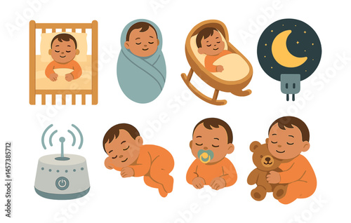 Baby sleep icons set – crib, swaddle, rocker, moon, monitor, pacifier, teddy bear. Vector icons set
