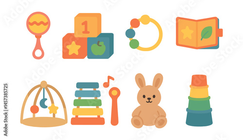 Baby play set icons – rattle, blocks, moon, book, mobile, stacker, bunny, cups. Vector icons set