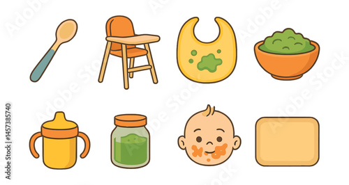 Baby feeding essentials icons set – spoon, highchair, bib, bowl, sippy cup, jar, baby, placemat. Vector icons set