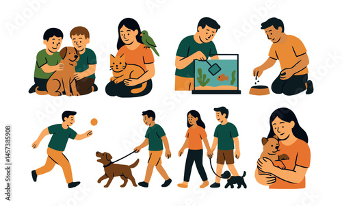 Family pet activities icons set – walking, grooming, feeding, playing, aquarium care. Vector icons set