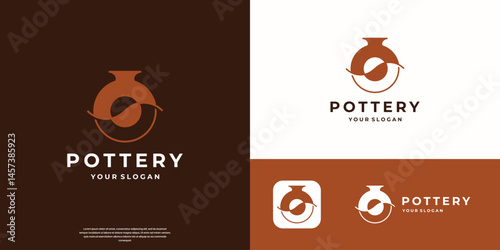 handmade pottery with flat logo design vector style
