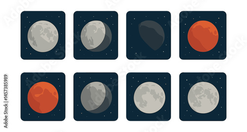 Lunar eclipse phases icons set – full moon, new moon, blood moon, partial eclipse, celestial cycle. Vector icons set