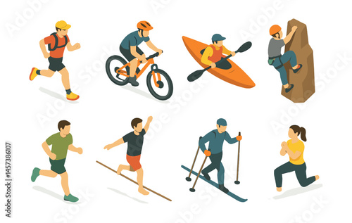 Outdoor sports icons set – running, cycling, kayaking, climbing, hiking, slacklining. Vector icons set