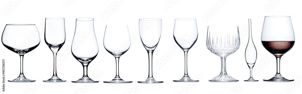 Variety of clear drinking glasses in different shapes and sizes Variety of clear drinking glasses in different shapes and sizes
