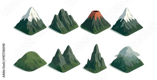 Mountain icons set – snowy, rocky, volcanic, peaks, nature, isometric, summit, alpine, terrain, unique. Vector icons set