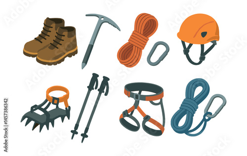 Essential mountain gear icons set – boots, ice axe, rope, helmet, crampons, poles, harness, carabiners. Vector icons set