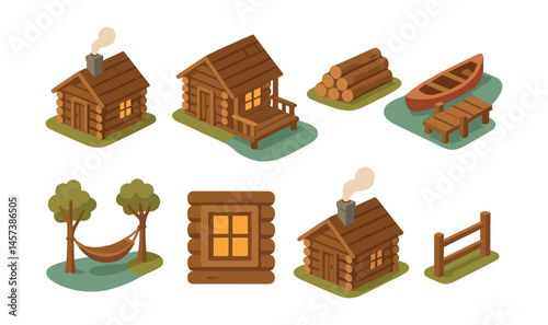 Cozy lakeside cabin icons set – cabin, boat, pier, logs, hammock, window, trees, chimney, fence. Vector icons set