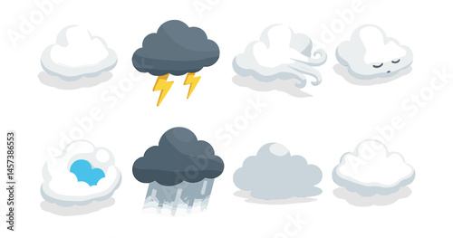 Cloud weather icons set – lightning, wind, rain, sun, overcast, thunderstorm, calm, cloudy. Vector icons set