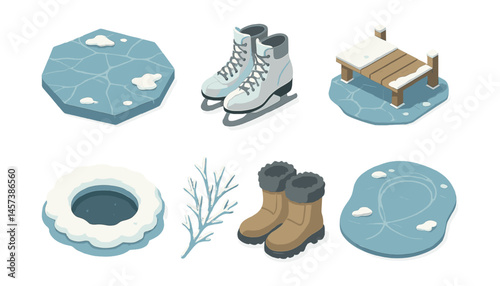 Frozen lake winter icons set – ice skates, boots, dock, frozen pond, snowflake, leaf. Vector icons set