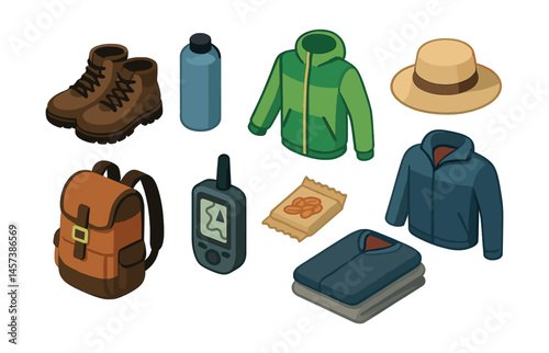 Hiking essentials icons set – boots, backpack, jacket, hat, water bottle, gps, snacks, sleeping bag. Vector icons set