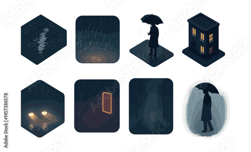 Isometric rainy night icons set – umbrella, raindrops, shadows, lights, house, reflection. Vector icons set