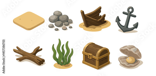 Isometric ocean floor icons set – sand, stones, shipwreck, anchor, driftwood, seaweed, treasure chest, pearl. Vector icons set
