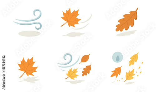 Autumn leaves icons set – falling, maple, wind, season, motion, breeze, foliage, leaf, drop, nature. Vector icons set