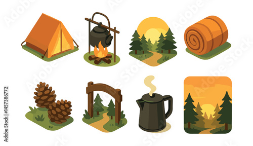 Camping sunrise icons set – tent, campfire, sunrise, forest, nature, hiking, kettle, pinecones, trail, adventure. Vector icons set