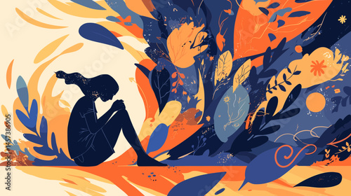 Inner Reflection: A contemplative figure sits amidst a vibrant cascade of thoughts and emotions, visualized through intricate patterns and shapes, symbolizing introspection and the human experience.