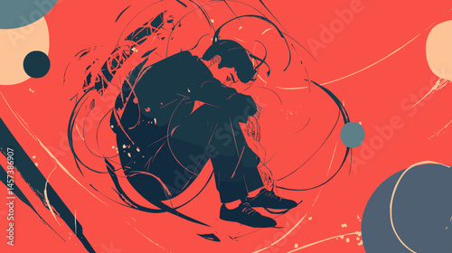 Sadness and Isolation: A stylized illustration depicting a person sitting alone, enveloped by swirling abstract shapes, conveying a sense of sadness, loneliness, and isolation.