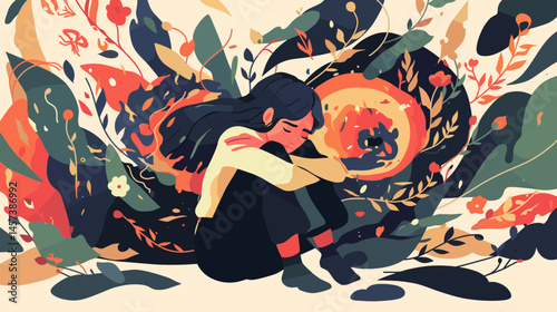 Embraced by Flora: A figure sits nestled among a vibrant array of natural flora, expressing the internal journey of the human condition through visual storytelling.
