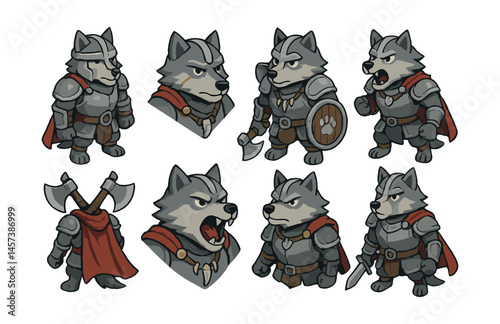 Warrior wolf icons set – helmet, armor, shield, axe, sword, cape, growl. Vector icons set