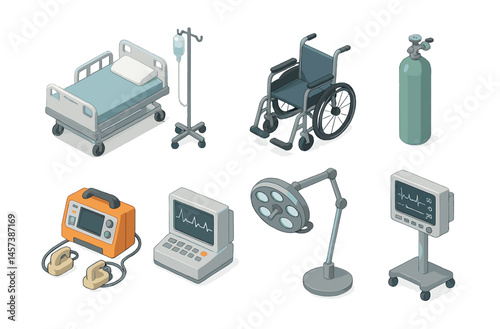 Isometric hospital equipment icon set – bed, wheelchair, iv drip, oxygen tank, monitor. Vector icons set