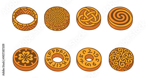 Cultural circle icons set – tribal, mandala, knot, spiral, symbolic, decorative, ancient, mystical, geometric, traditional. Vector icons set