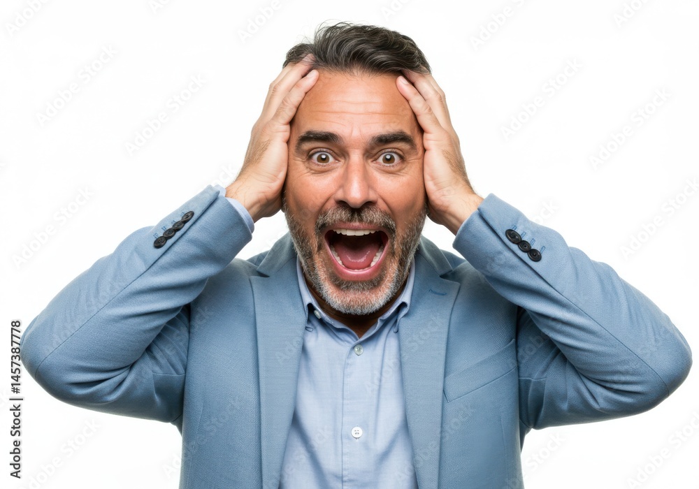 Man with hands on head and mouth open in a state of excitement isolated on white background Man with hands on head and mouth open in a state of excitement isolated on white background