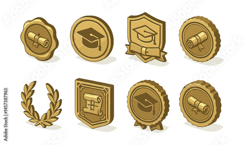 Classic graduation emblem icons set – diploma, cap, laurel, shield, seal. Vector icons set