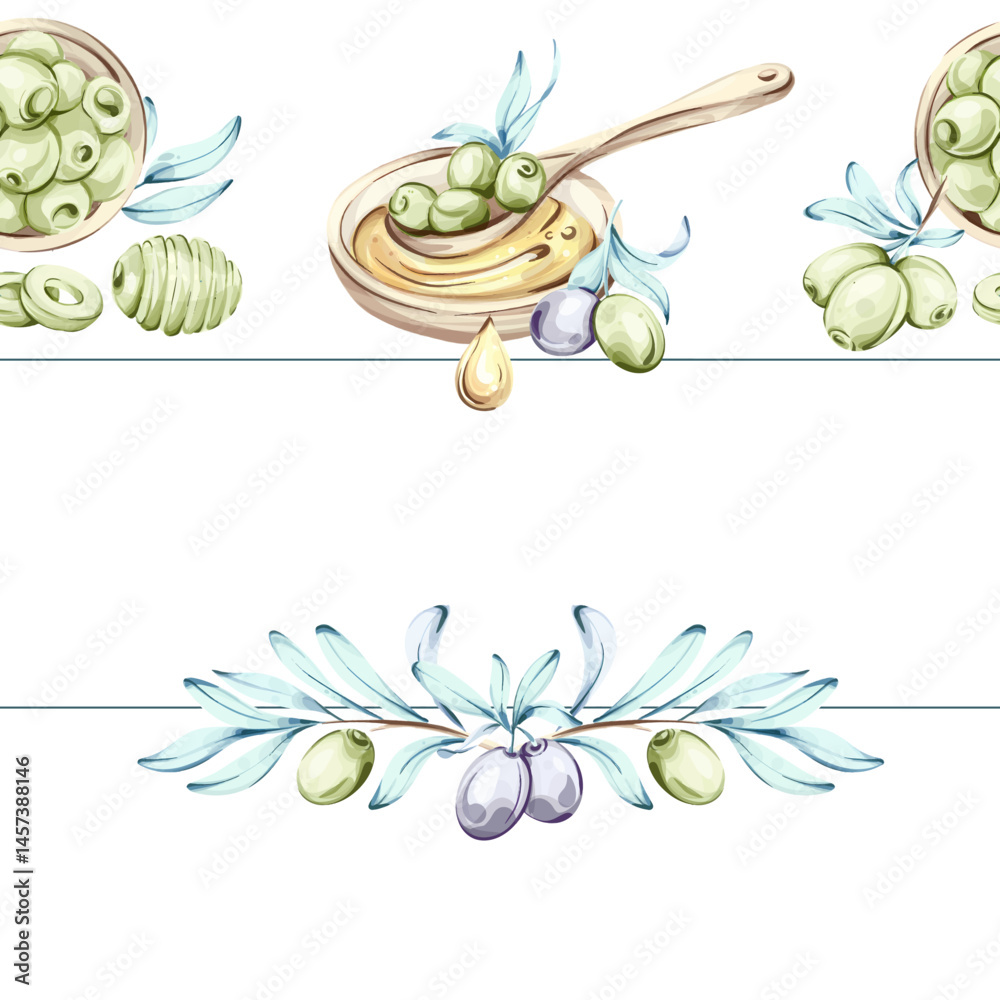 Fototapeta premium Explore the vibrant beauty of olives and olive oil in a watercolor illustration series celebrating Italian cuisine and nature frame, border, arrangement
