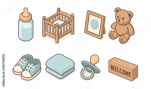 New baby essentials icon set – bottle, crib, frame, teddy, shoes, pillow, pacifier, welcome. Vector icons set