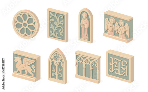Gothic motifs icons set – rose window, fleur-de-lis, statue, angels, griffin, arch, tracery. Vector icons set