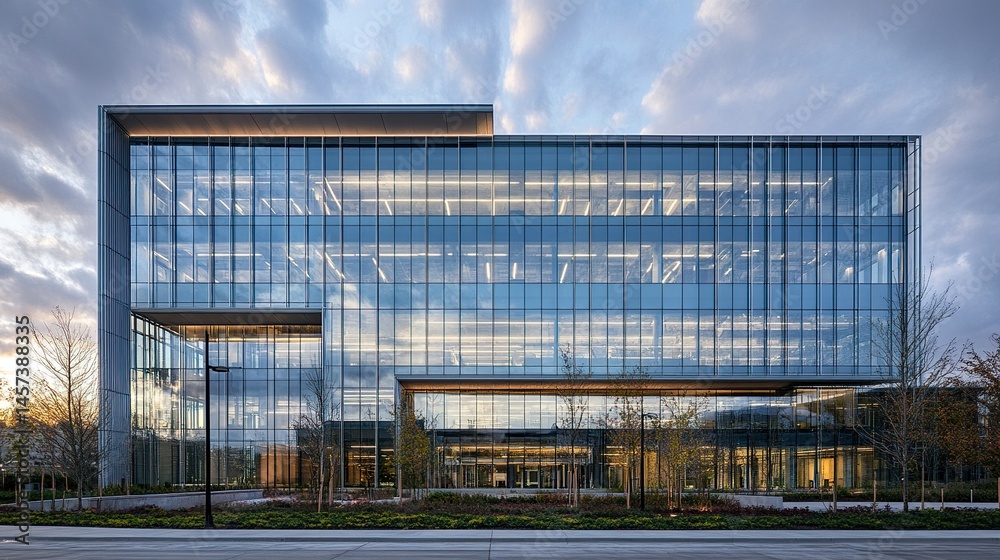 Fototapeta premium Exterior of a tall modern building with a seamless glass facade, highlighting cutting-edge architectural trends in urban environments. 
