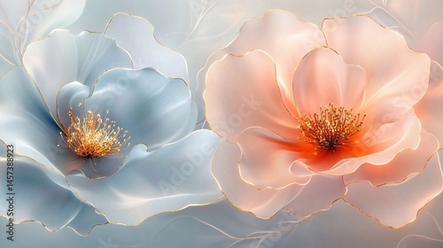 Exquisite composition of two delicate translucent flowers in pastel blue and peach tones with golden outlines on a blurred light background. Generative AI