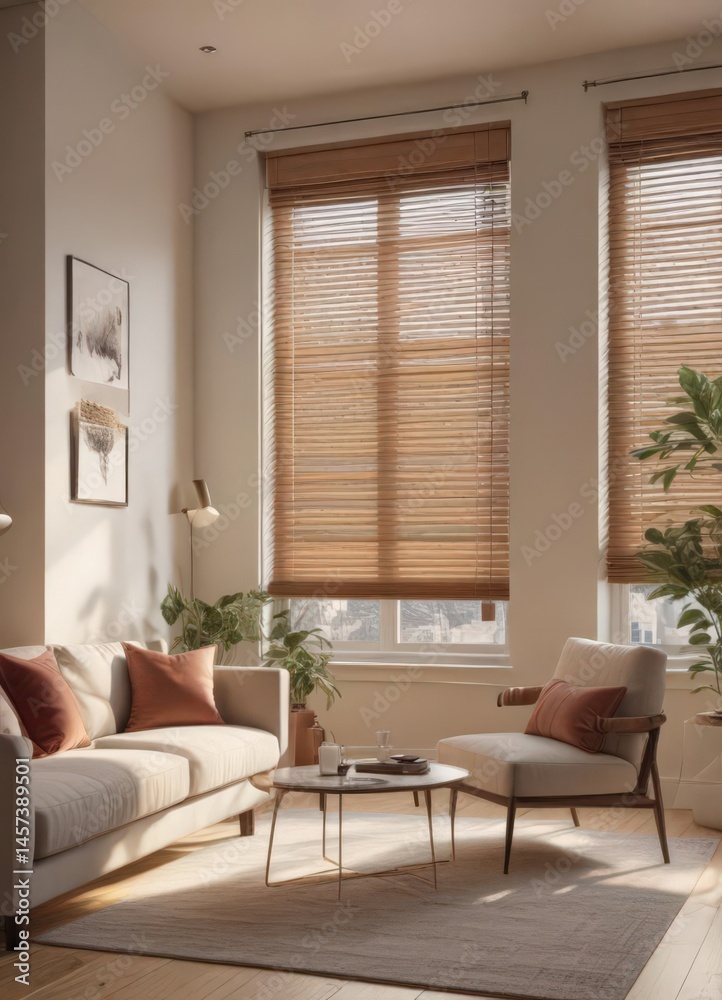 Fototapeta premium Chic apartment living room with Venetian blinds, plush seating , venetian blind, opulent