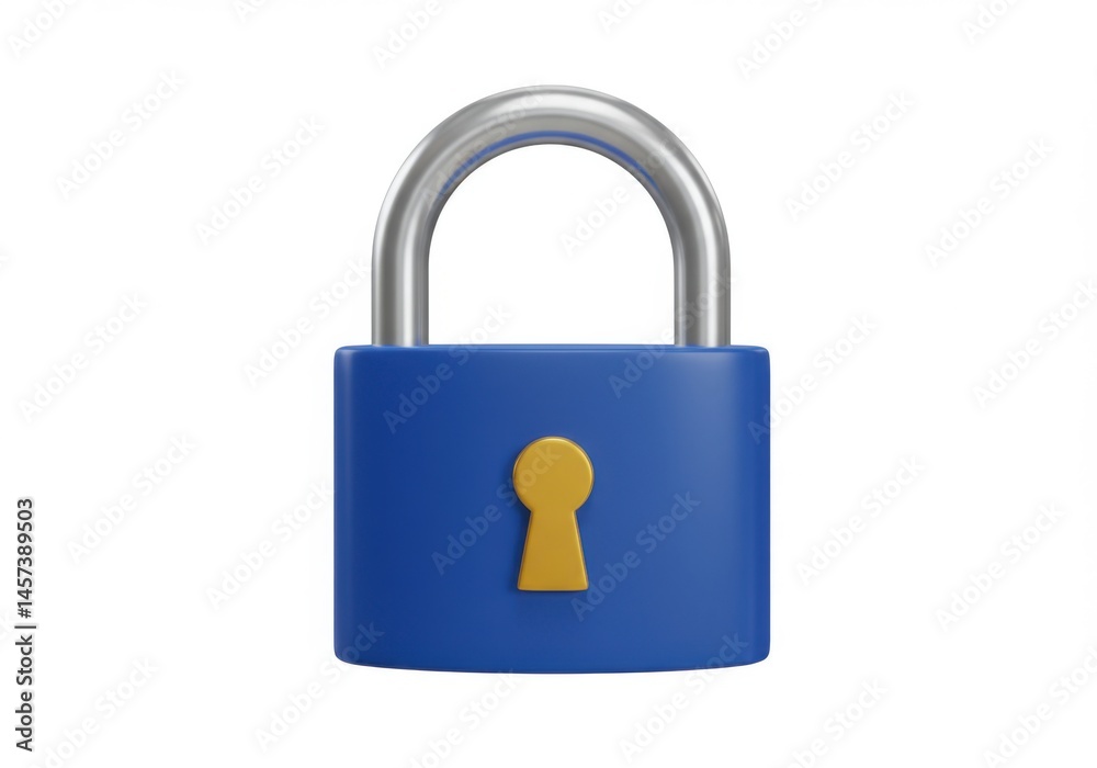 Naklejka premium A blue padlock with a silver shackle and keyhole isolated on white background