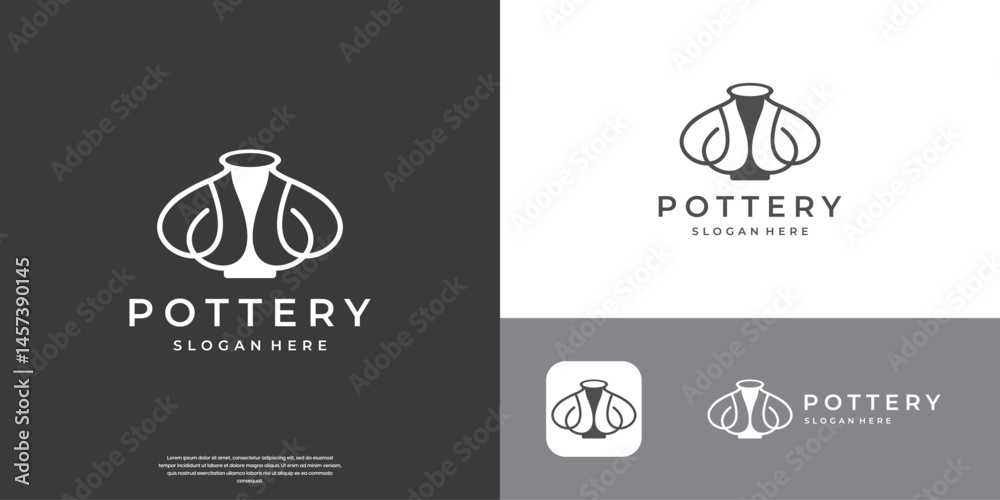 Fototapeta premium Handmade ceramic studio or shop, Clay jug and Pottery store. Hands made pottery logo.