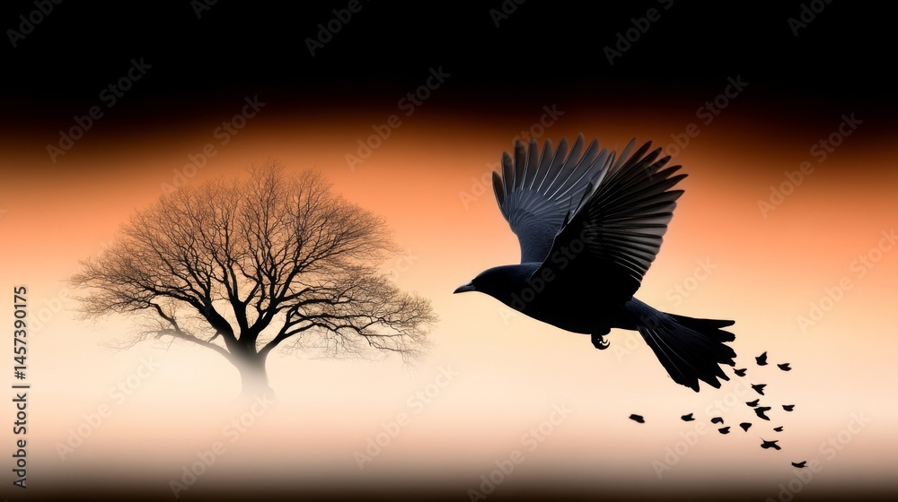 Fototapeta premium A silhouette of a bird flying near a barren tree at sunset