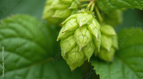 Fresh green hops cluster growing, bittering, flavoring, and stability agent in beer production manufacturing, plant Humulus lupulus, Cannabaceae family of flowering plants photo