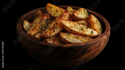 Delicious crispy potato wedges seasoned with herbs in wooden bowl eat food dish meal diet cafe warm