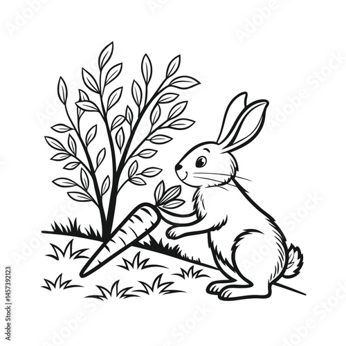 rabbit and flowers line art vector rabbit collecting