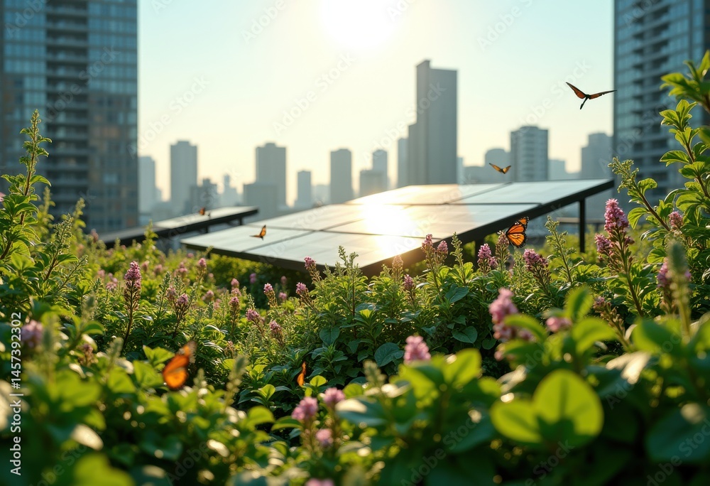 Fototapeta premium vibrant green rooftop garden solar panels sustainable eco friendly urban landscape, plants, vegetation, sky, architecture, cityscape, design, innovation