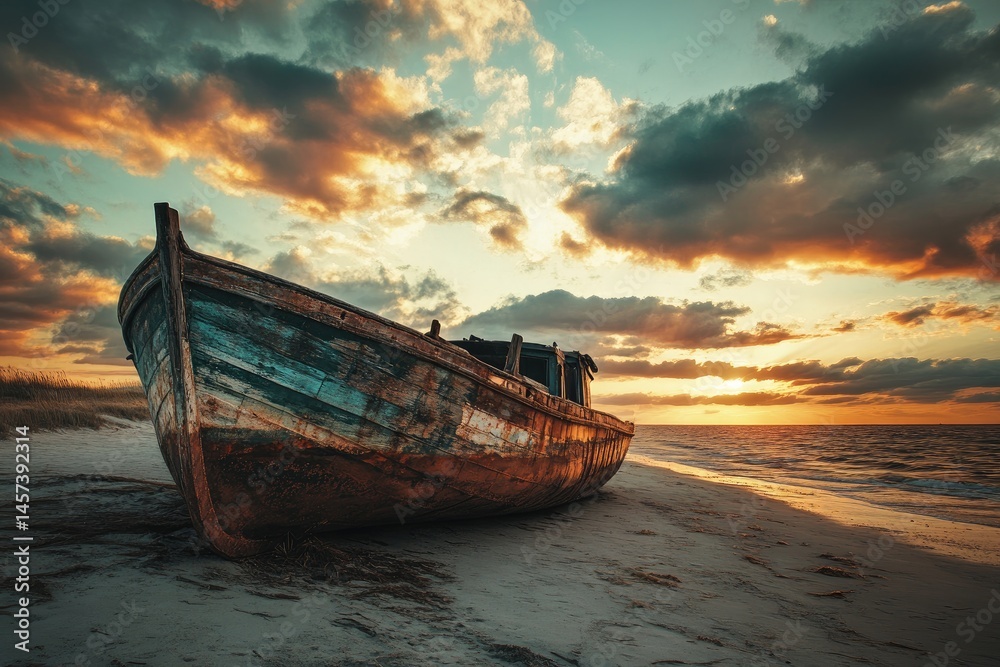 Rusty boat on beach at sunset. Dramatic sky, sun setting over ocean Rusty boat on beach at sunset. Dramatic sky, sun setting over ocean