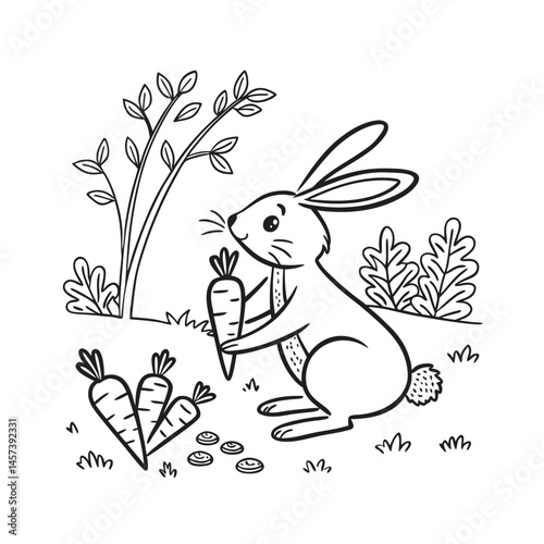 rabbit and flowers line art vector rabbit collecting