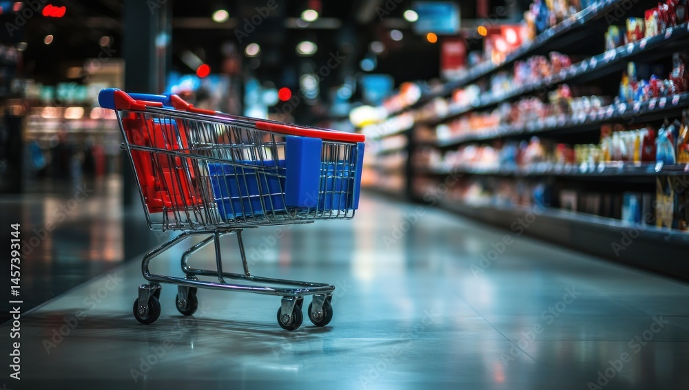 Empty Shopping Cart in Supermarket Aisle: Retail, Consumerism, and Shopping Experience Empty Shopping Cart in Supermarket Aisle: Retail, Consumerism, and Shopping Experience