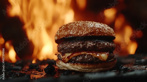 A delicious flame-cooked burger with dark fire blaze in the background