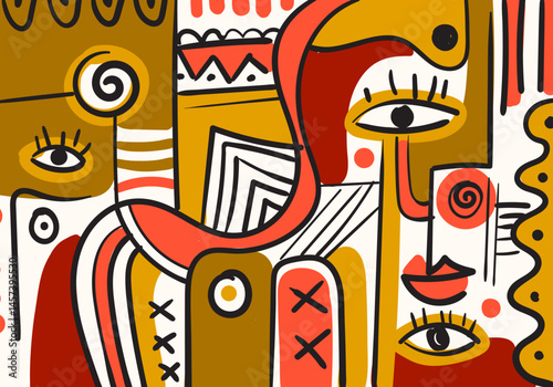 Abstract cubism-style illustration featuring expressive human faces, vibrant colors, bold lines, and playful geometric compositions.