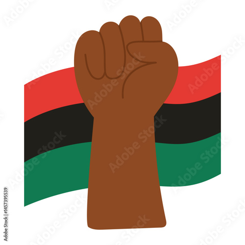 Raised fist in front of Pan-African flag symbolizing Juneteenth freedom, Black history, resistance, and African American pride — flat vector illustration for social justice, activism, and celebration 
