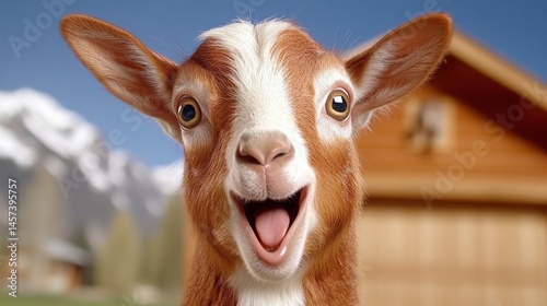 Happy goat with a joyful expression in a rural setting