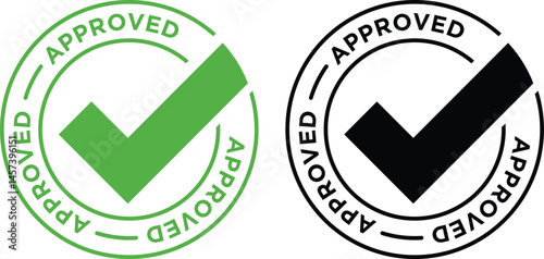 Approved Stamp Icon in Green and Black | Check Mark Symbol for Business Approval, Quality Assurance, and Verification