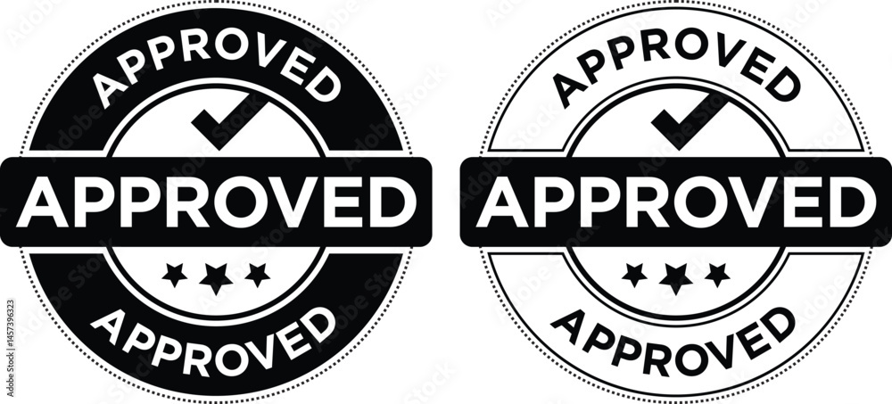 Fototapeta premium Approved Stamp Vector Icons | Black and White Seals with Checkmarks and Stars for Quality Assurance and Business Validation