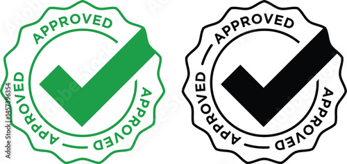 Approved Check Mark Stamp in Green and Black | Vector Design for Quality Assurance, Validation, and Certification Badges