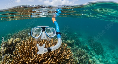 Snorkeling gear floating above vibrant coral reef underwater  